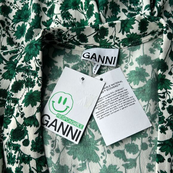 Ganni Green White Floral Wrap Dress Size 2 Hi-Lo Hem Romantic Boho Cottagecore - Picture 5 of 12